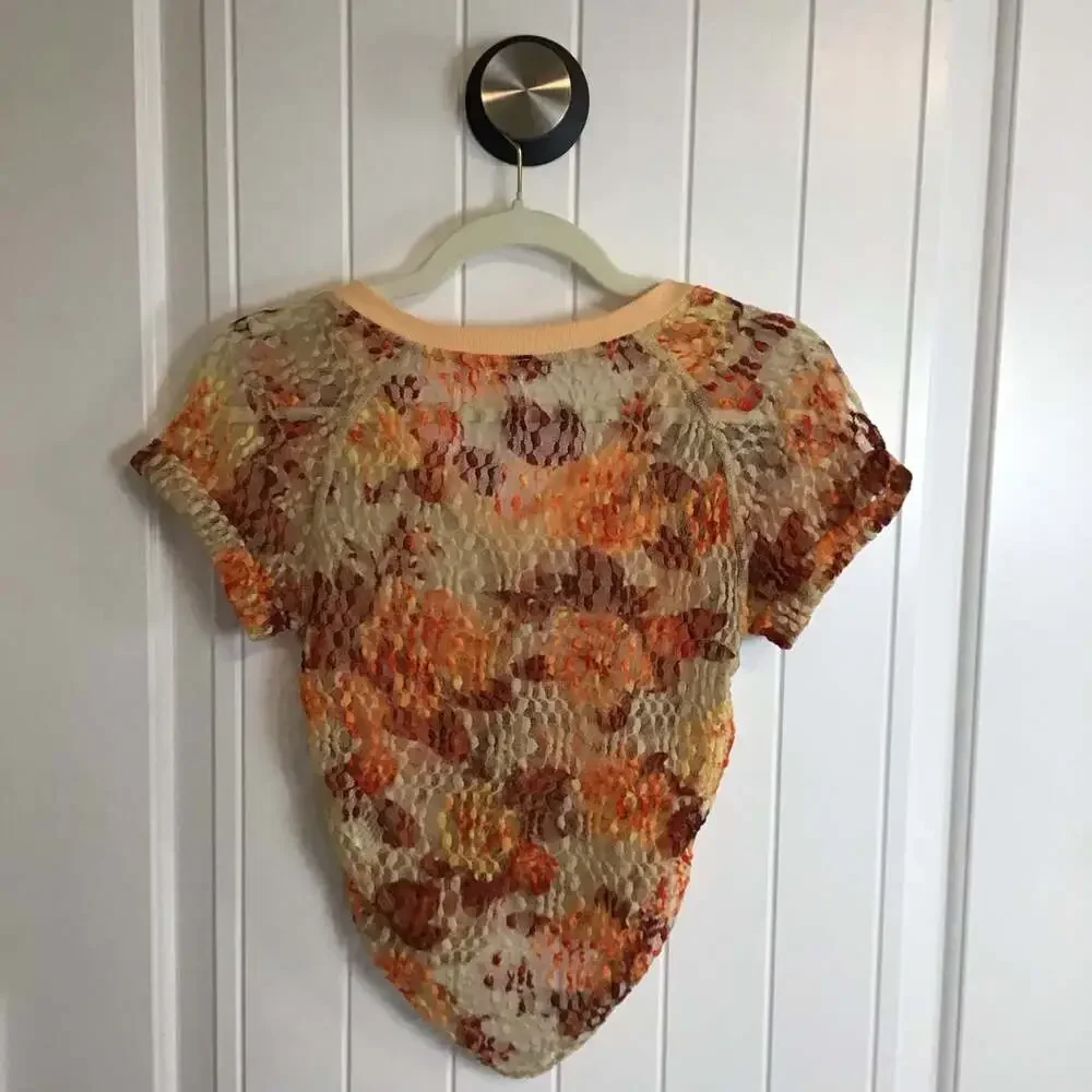 Free People Solana Sheer Ruched Lace V-Neck Crop Top Size Small Boho Festival